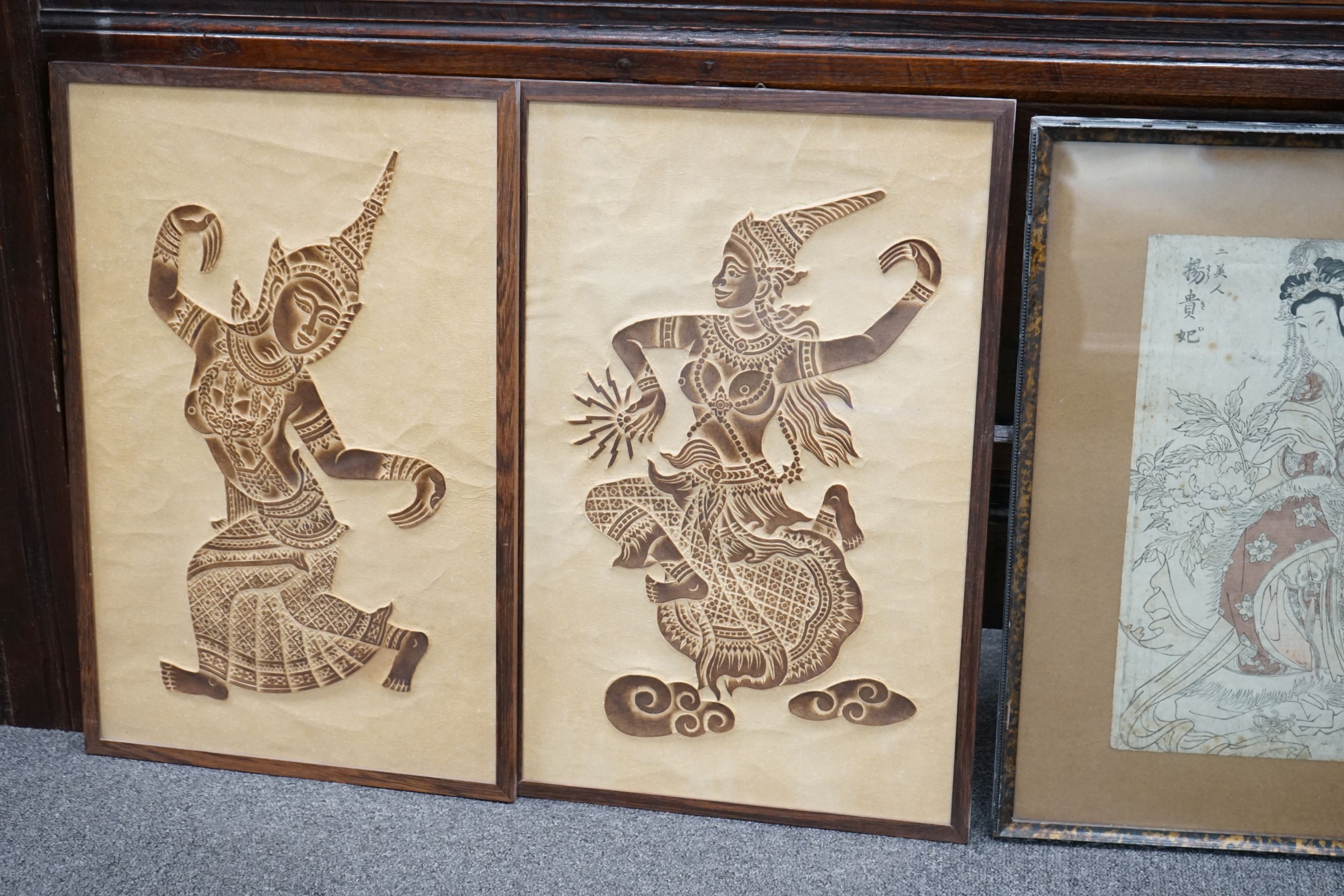 Japanese School, two woodblock prints, Woman with opium pipe and flower goddess, 38 x 25cm, and a pair of Siamese embossed paper pictures of dancers